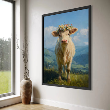 Charming Calf with Flower Crown Canvas, Farm Animal Wall Art, Rustic Country Decor, Pastoral Landscape Canvas, Nature Scene Canvas Print Art