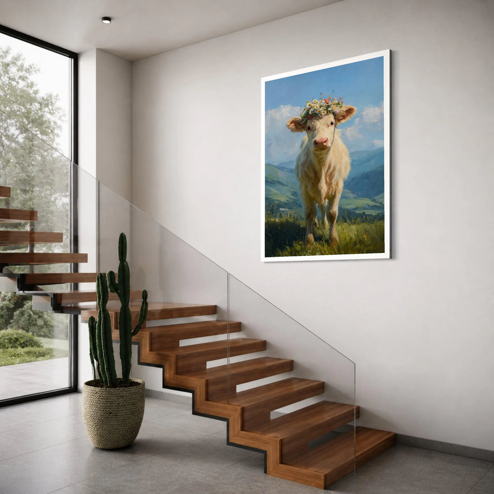 Charming Calf with Flower Crown Canvas, Farm Animal Wall Art, Rustic Country Decor, Pastoral Landscape Canvas, Nature Scene Canvas Print Art
