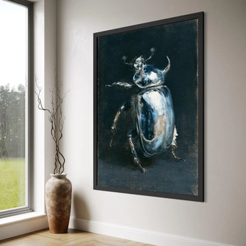Shiny Beetle Portrait Canvas, Metallic Insect Wall Art, Nature Study Canvas, Dark Background Artwork, Home Decor Illustration Print Art