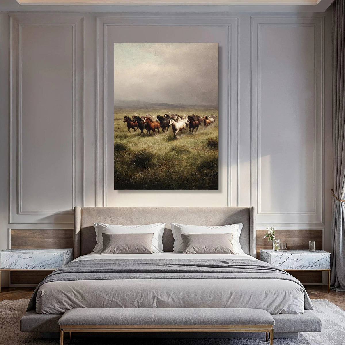 Galloping Wild Horses Canvas, Herd Meadow Wall Art, Rustic Animal Print, Equestrian Nature Scene, Running Horses Canvas Decor Print Art