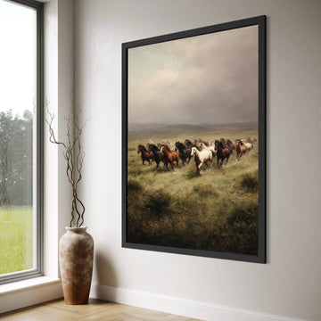 Galloping Wild Horses Canvas, Herd Meadow Wall Art, Rustic Animal Print, Equestrian Nature Scene, Running Horses Canvas Decor Print Art