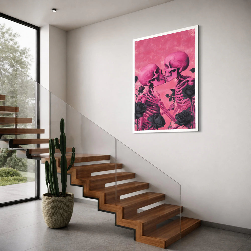 Romantic Skull Kiss Canvas Wall Art, Pink Skeleton Couple, Gothic Love Illustration, Black Roses Design, Unique Home Decoration Print Art