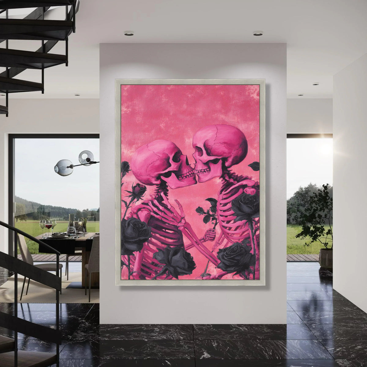 Romantic Skull Kiss Canvas Wall Art, Pink Skeleton Couple, Gothic Love Illustration, Black Roses Design, Unique Home Decoration Print Art