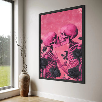 Romantic Skull Kiss Canvas Wall Art, Pink Skeleton Couple, Gothic Love Illustration, Black Roses Design, Unique Home Decoration Print Art