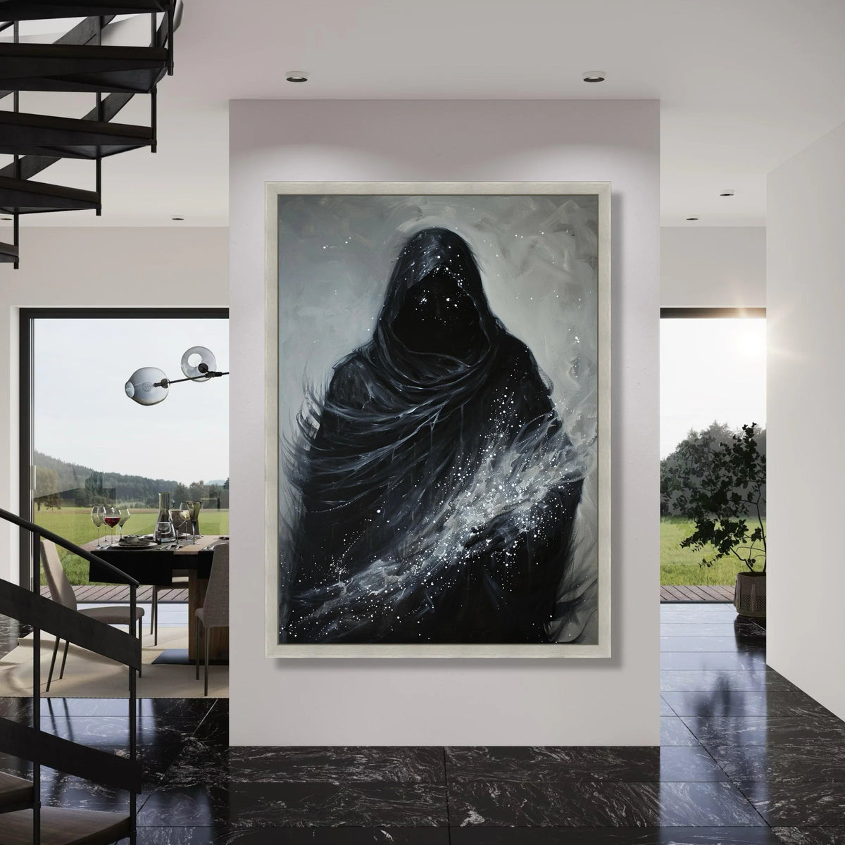Mystical Hooded Figure Canvas, Dark Fantasy Wall Art, Cosmic Cloak Illustration, Abstract Spiritual Canvas, Modern Gothic Home Print Art