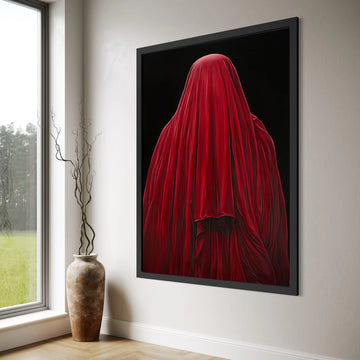 Mysterious Red Draped Figure, Dark Background Canvas, Abstract Wall Art, Bold Home Decoration, Moody Contemporary Canvas Print Art