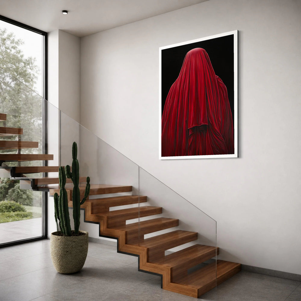 Mysterious Red Draped Figure, Dark Background Canvas, Abstract Wall Art, Bold Home Decoration, Moody Contemporary Canvas Print Art