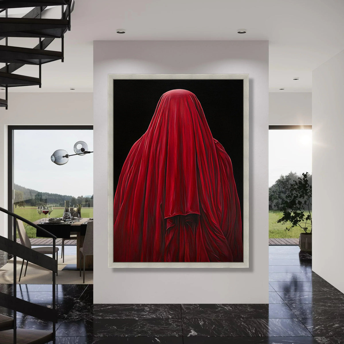 Mysterious Red Draped Figure, Dark Background Canvas, Abstract Wall Art, Bold Home Decoration, Moody Contemporary Canvas Print Art