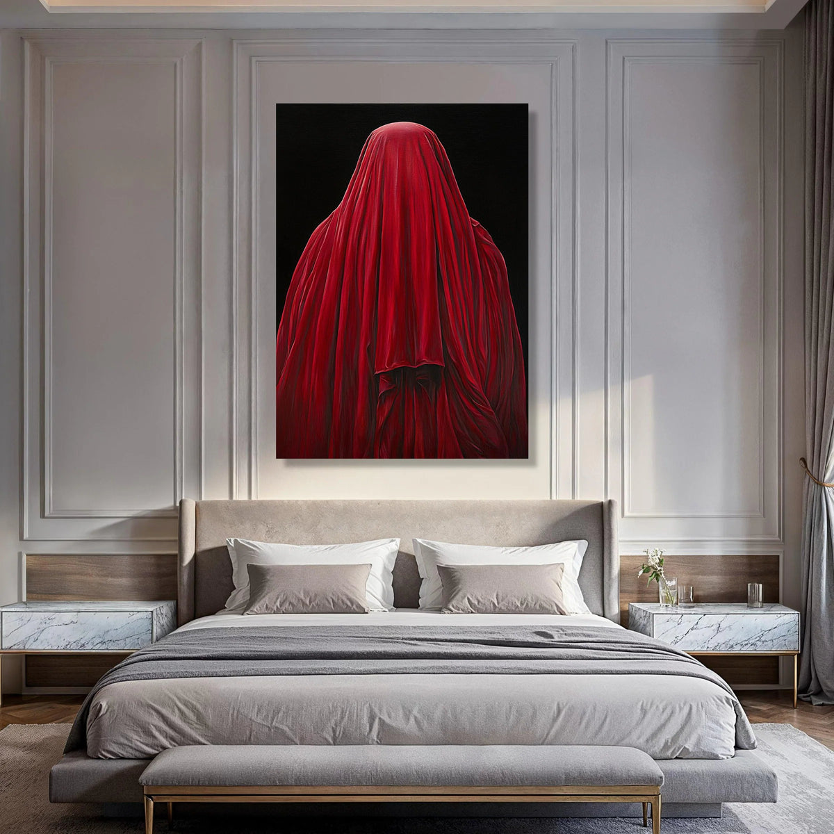 Mysterious Red Draped Figure, Dark Background Canvas, Abstract Wall Art, Bold Home Decoration, Moody Contemporary Canvas Print Art