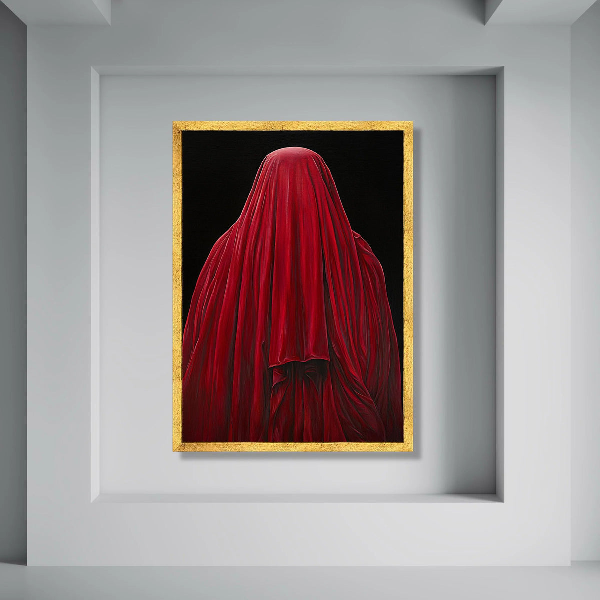 Mysterious Red Draped Figure, Dark Background Canvas, Abstract Wall Art, Bold Home Decoration, Moody Contemporary Canvas Print Art
