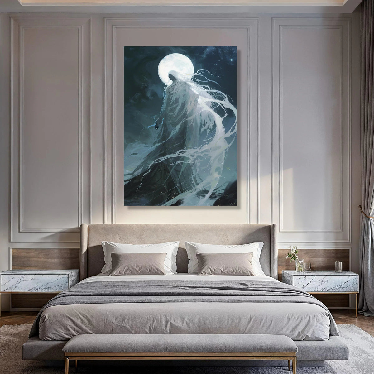 Mystical Moonlit Spirit Canvas, Ethereal Woman Silhouette, Night Sky Fantasy Wall Art, Ghostly Flowing Drapes, Celestial Home Print Art