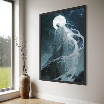 Mystical Moonlit Spirit Canvas, Ethereal Woman Silhouette, Night Sky Fantasy Wall Art, Ghostly Flowing Drapes, Celestial Home Print Art