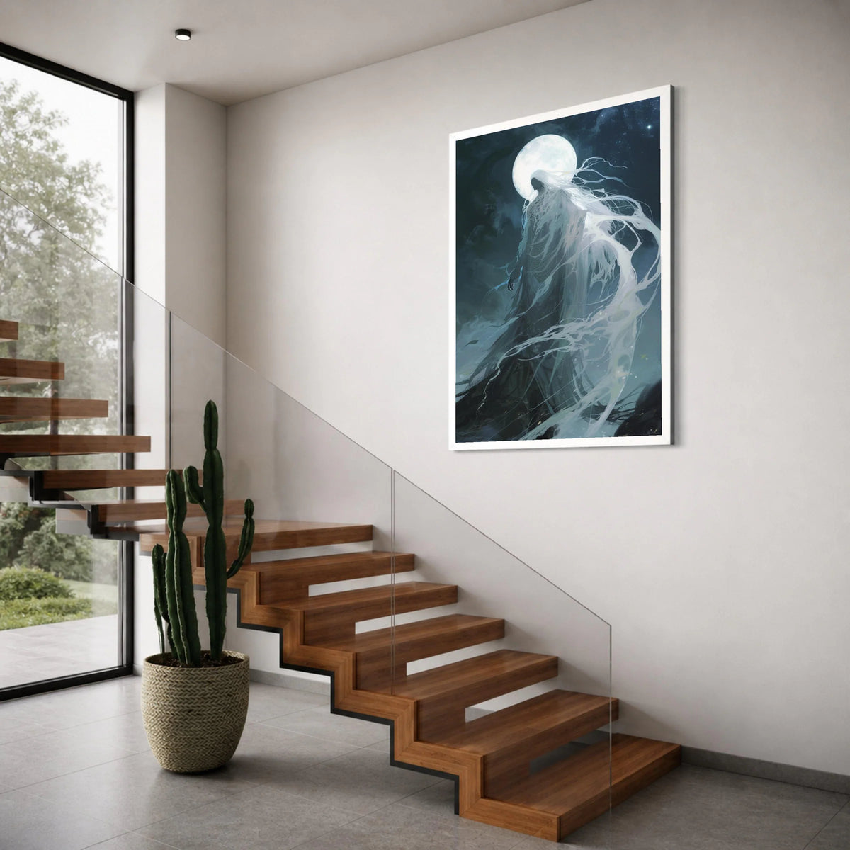 Mystical Moonlit Spirit Canvas, Ethereal Woman Silhouette, Night Sky Fantasy Wall Art, Ghostly Flowing Drapes, Celestial Home Print Art
