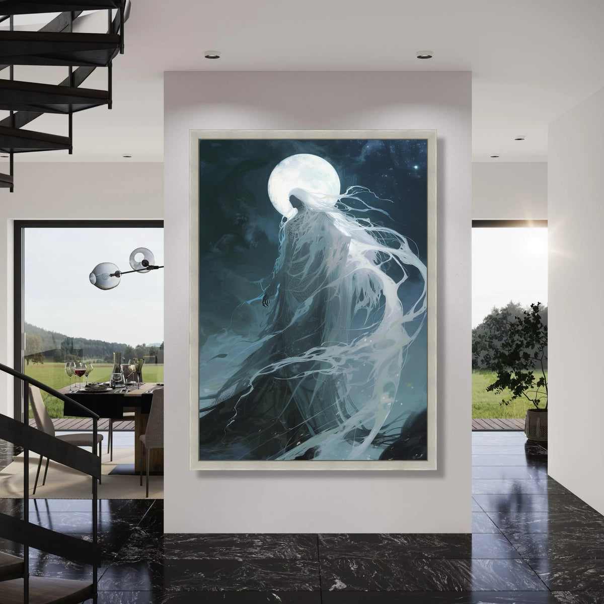 Mystical Moonlit Spirit Canvas, Ethereal Woman Silhouette, Night Sky Fantasy Wall Art, Ghostly Flowing Drapes, Celestial Home Print Art