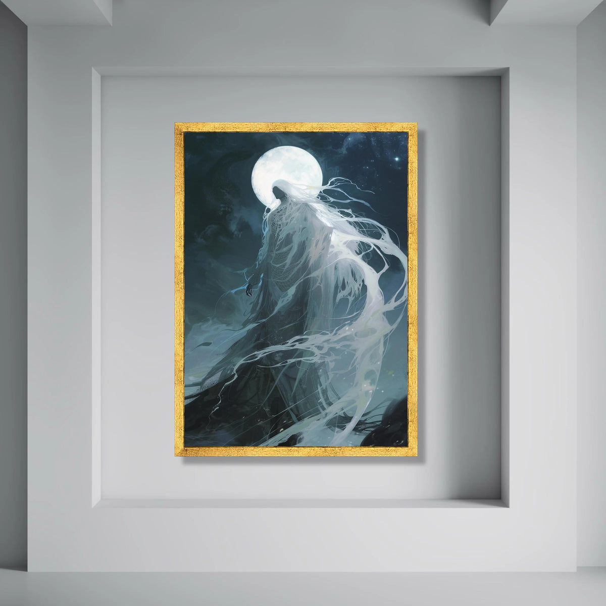 Mystical Moonlit Spirit Canvas, Ethereal Woman Silhouette, Night Sky Fantasy Wall Art, Ghostly Flowing Drapes, Celestial Home Print Art