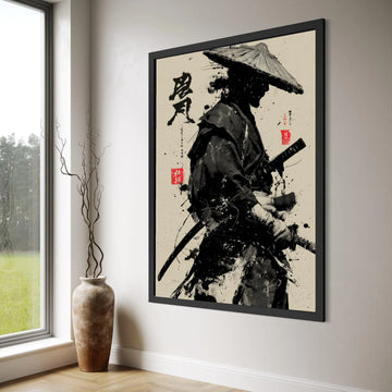 Black Ink Samurai Warrior Canvas, Traditional Japanese Art Print, Asian Swordfighter Wall Art, Zen Home Decoration, Ready to Hang Print Art