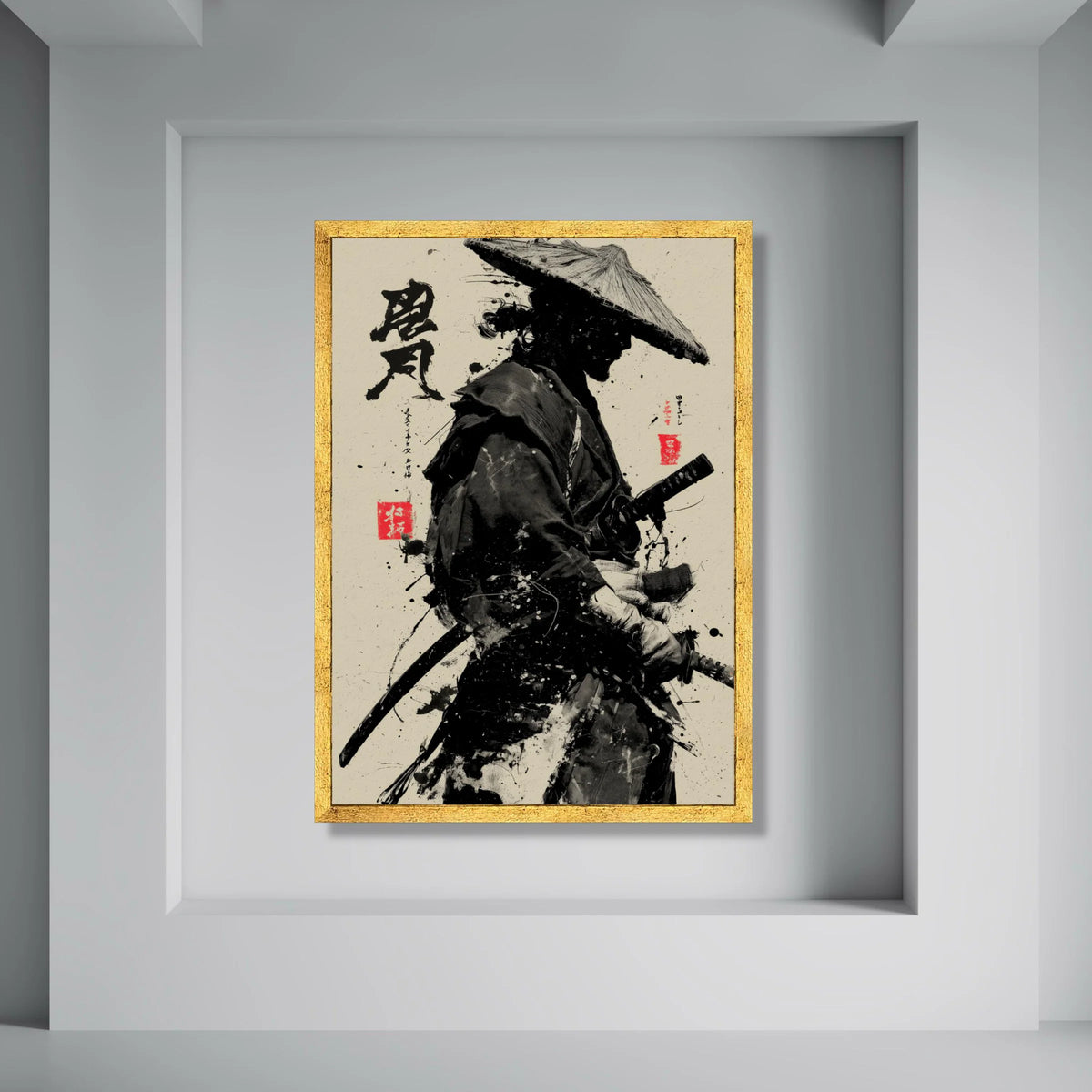 Black Ink Samurai Warrior Canvas, Traditional Japanese Art Print, Asian Swordfighter Wall Art, Zen Home Decoration, Ready to Hang Print Art