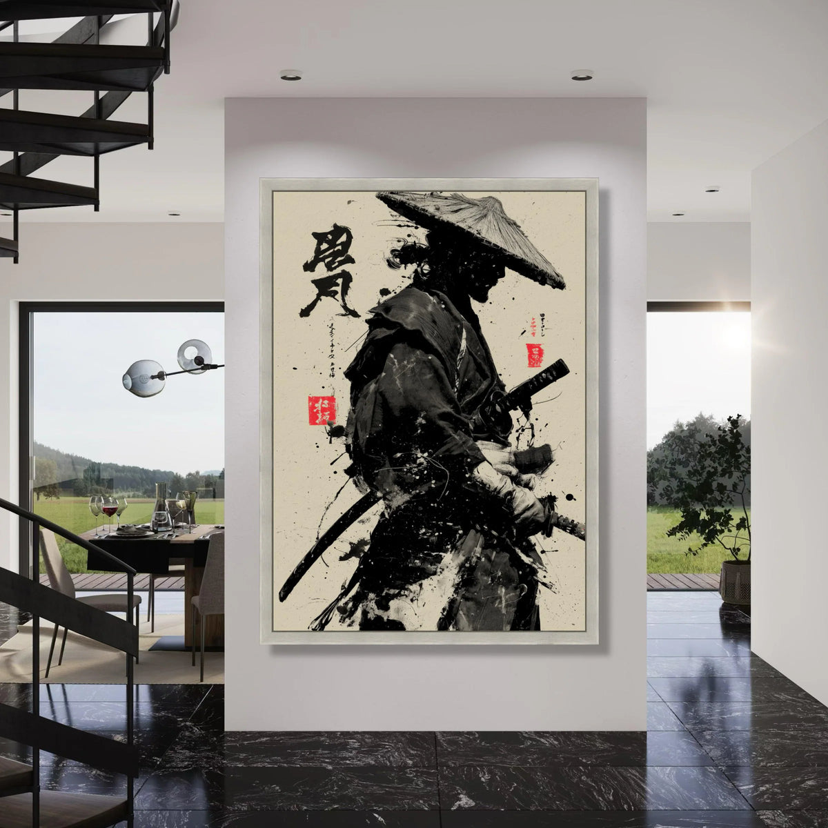 Black Ink Samurai Warrior Canvas, Traditional Japanese Art Print, Asian Swordfighter Wall Art, Zen Home Decoration, Ready to Hang Print Art