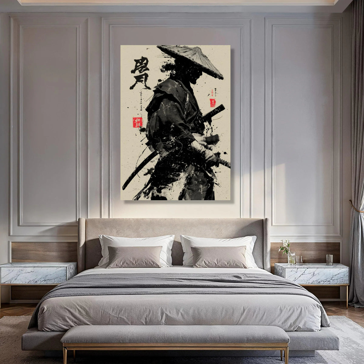 Black Ink Samurai Warrior Canvas, Traditional Japanese Art Print, Asian Swordfighter Wall Art, Zen Home Decoration, Ready to Hang Print Art