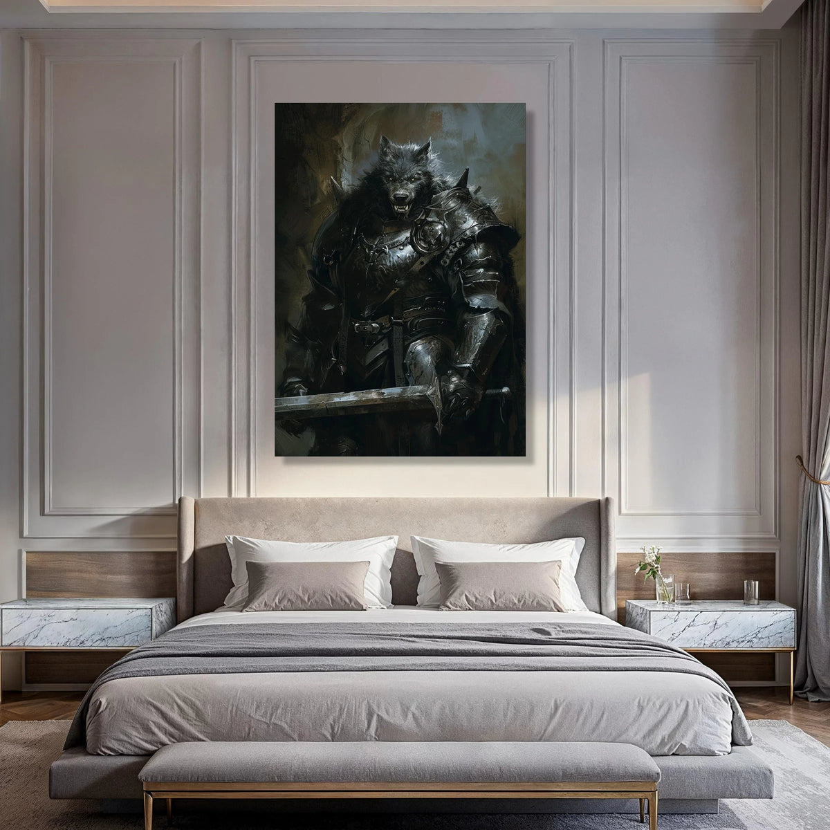 Fierce Werewolf Knight Canvas, Dark Fantasy Wall Art, Medieval Warrior Canvas, Gothic Creature Illustration, Mythical Beast Print Art