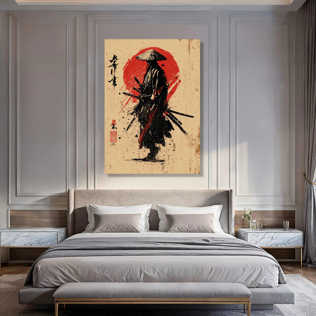 Lone Samurai Warrior Canvas, Red Sun Background, Japanese Sword Art, Black Ink Style Wall Art, Oriental Canvas Decoration Print Art