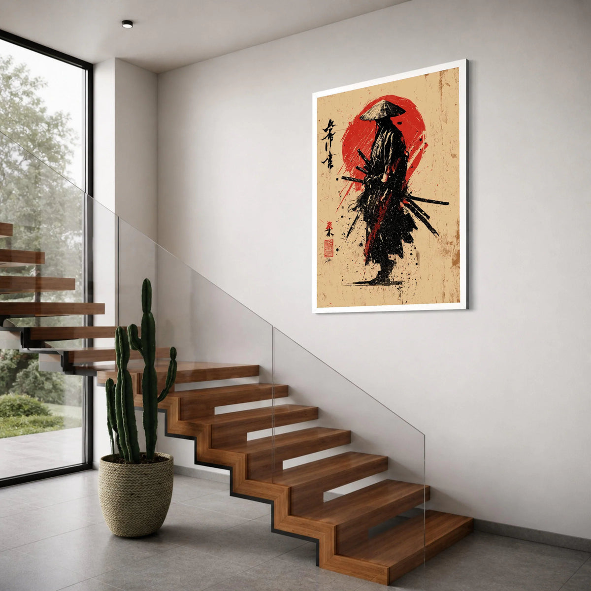 Lone Samurai Warrior Canvas, Red Sun Background, Japanese Sword Art, Black Ink Style Wall Art, Oriental Canvas Decoration Print Art