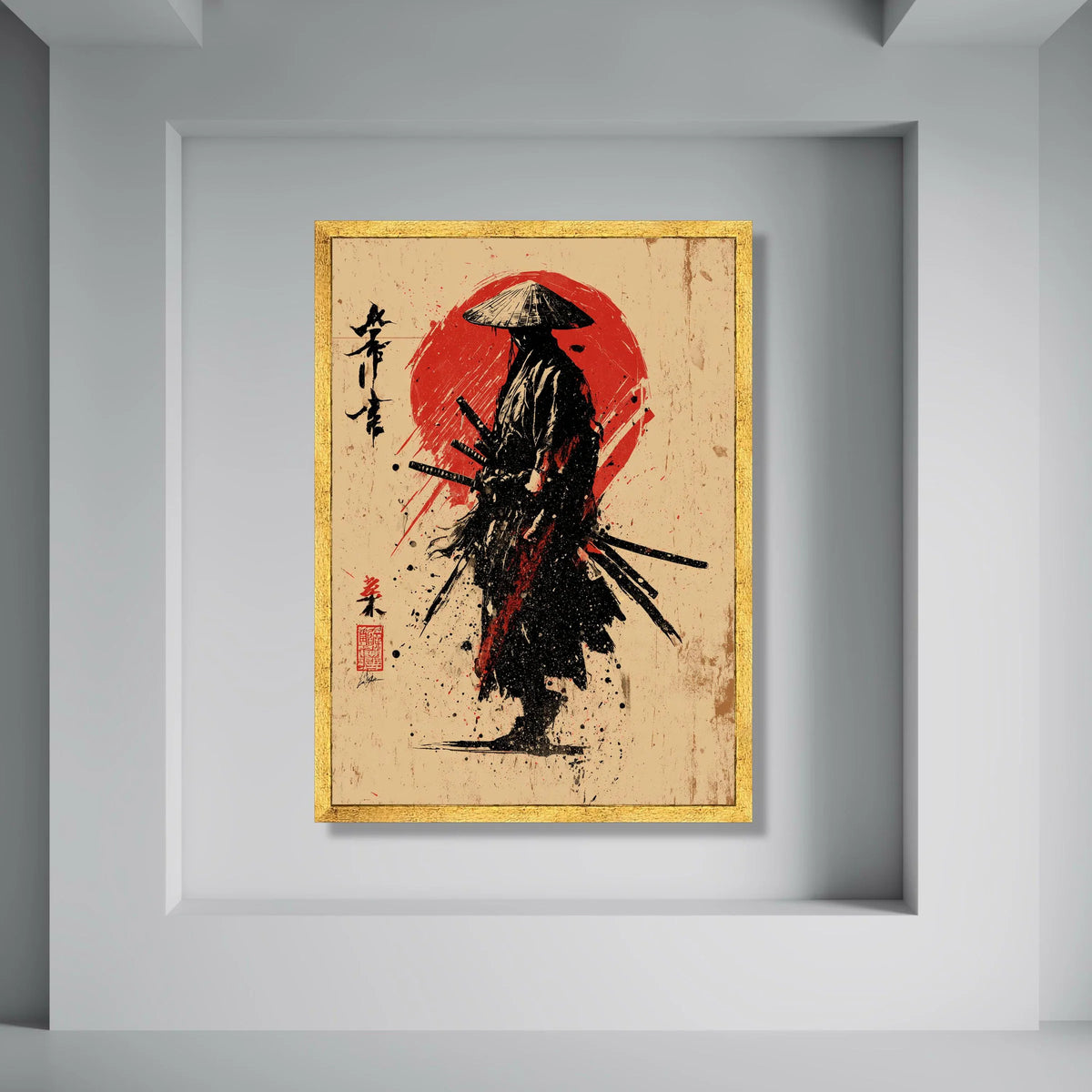 Lone Samurai Warrior Canvas, Red Sun Background, Japanese Sword Art, Black Ink Style Wall Art, Oriental Canvas Decoration Print Art