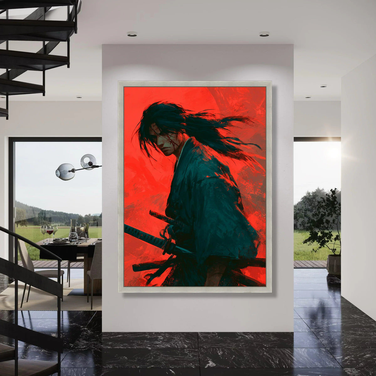 Fierce Samurai Warrior Canvas, Japanese Sword Art, Red Background Wall Decor, Dramatic Warrior Portrait Canvas, Ready to Hang Print Art