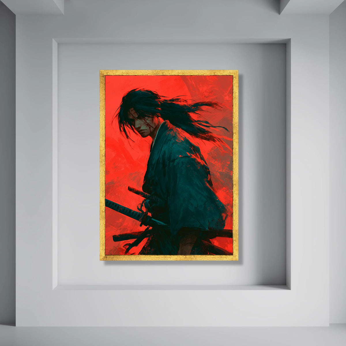 Fierce Samurai Warrior Canvas, Japanese Sword Art, Red Background Wall Decor, Dramatic Warrior Portrait Canvas, Ready to Hang Print Art