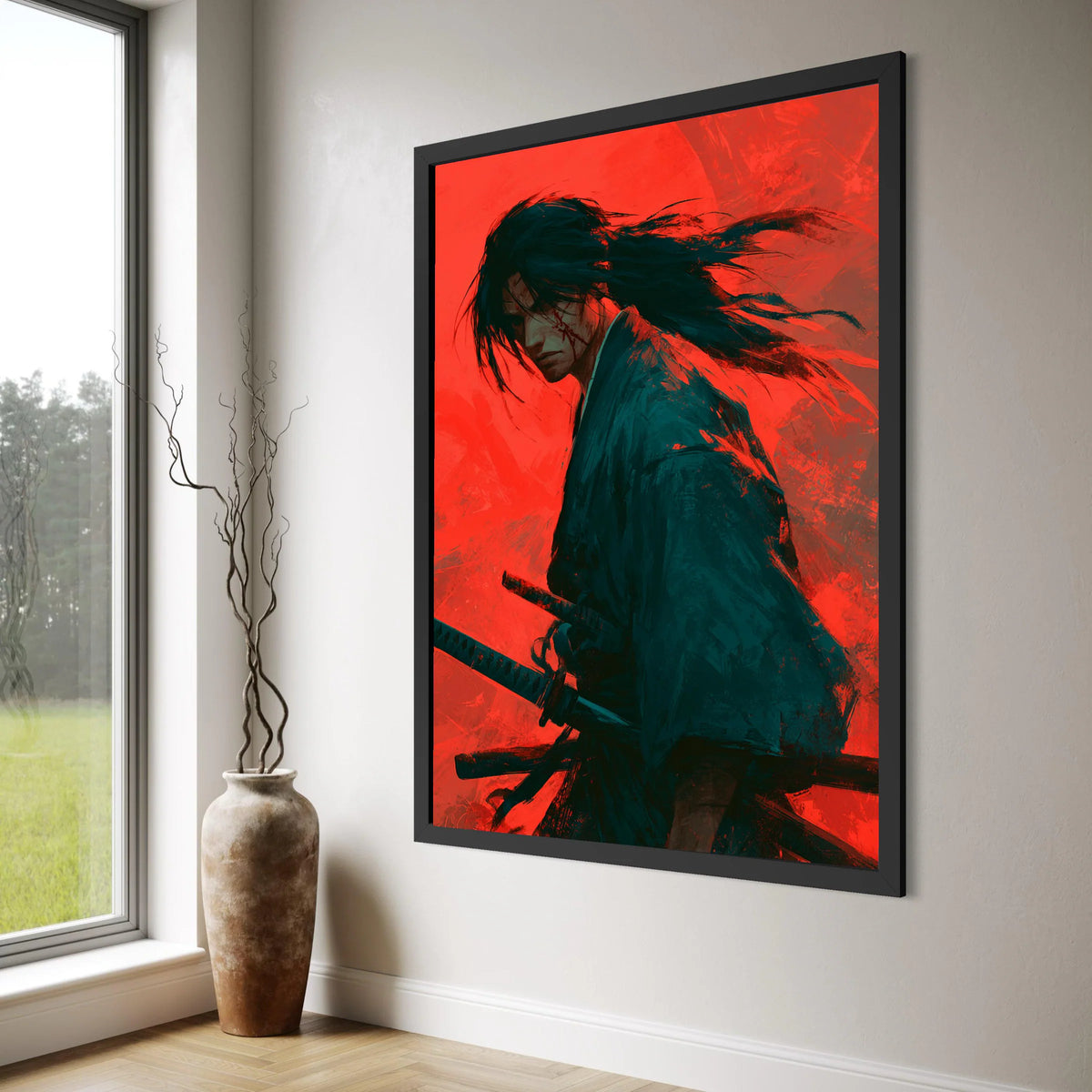 Fierce Samurai Warrior Canvas, Japanese Sword Art, Red Background Wall Decor, Dramatic Warrior Portrait Canvas, Ready to Hang Print Art