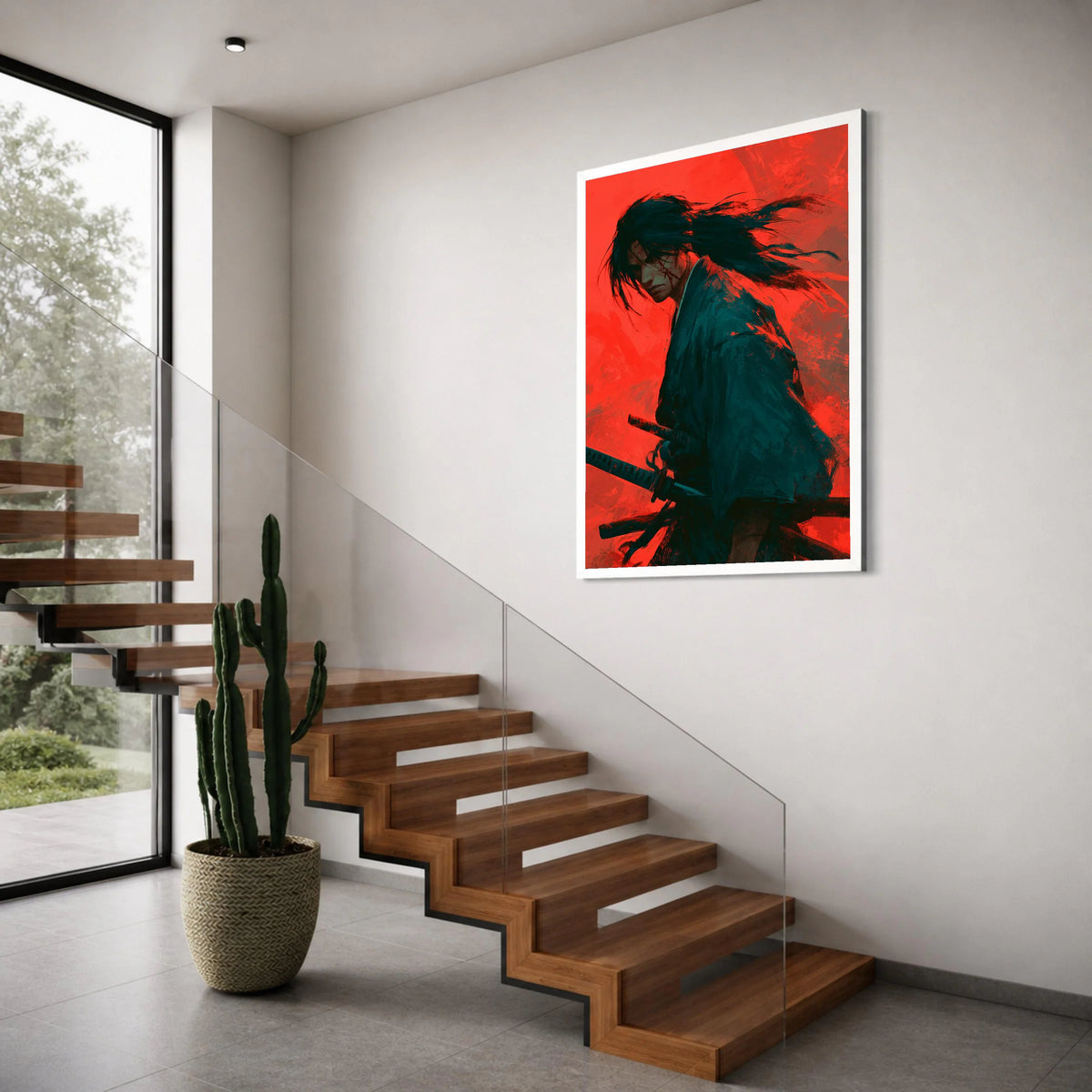 Fierce Samurai Warrior Canvas, Japanese Sword Art, Red Background Wall Decor, Dramatic Warrior Portrait Canvas, Ready to Hang Print Art