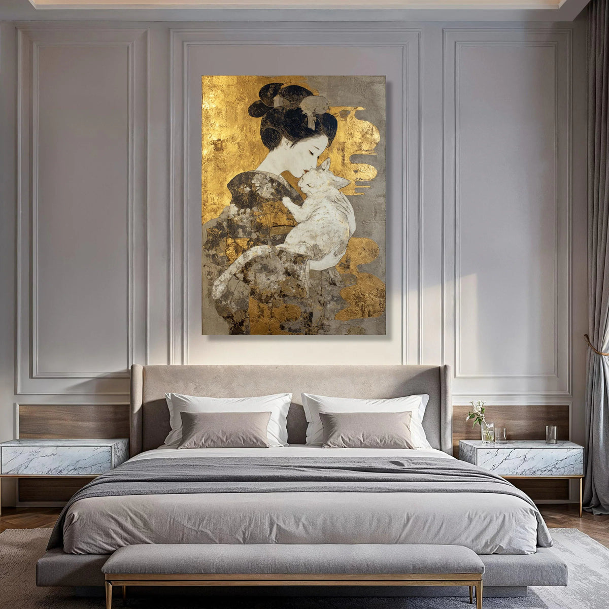 Elegant Geisha with Cat Canvas, Japanese Woman Holding Cat, Gold Leaf Accent Wall Art, Oriental Home Decor, Peaceful Animal Canvas Print Art