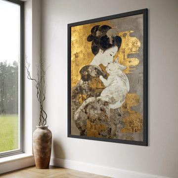 Elegant Geisha with Cat Canvas, Japanese Woman Holding Cat, Gold Leaf Accent Wall Art, Oriental Home Decor, Peaceful Animal Canvas Print Art