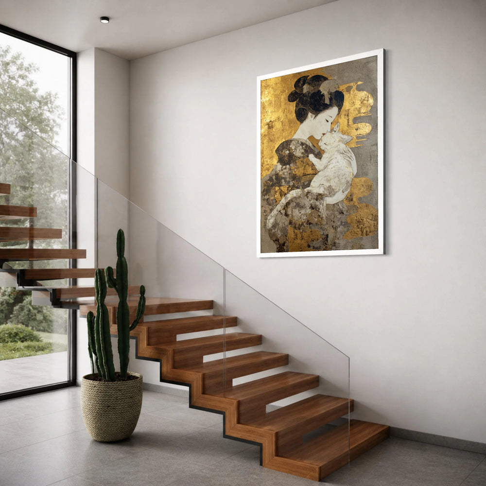 Elegant Geisha with Cat Canvas, Japanese Woman Holding Cat, Gold Leaf Accent Wall Art, Oriental Home Decor, Peaceful Animal Canvas Print Art