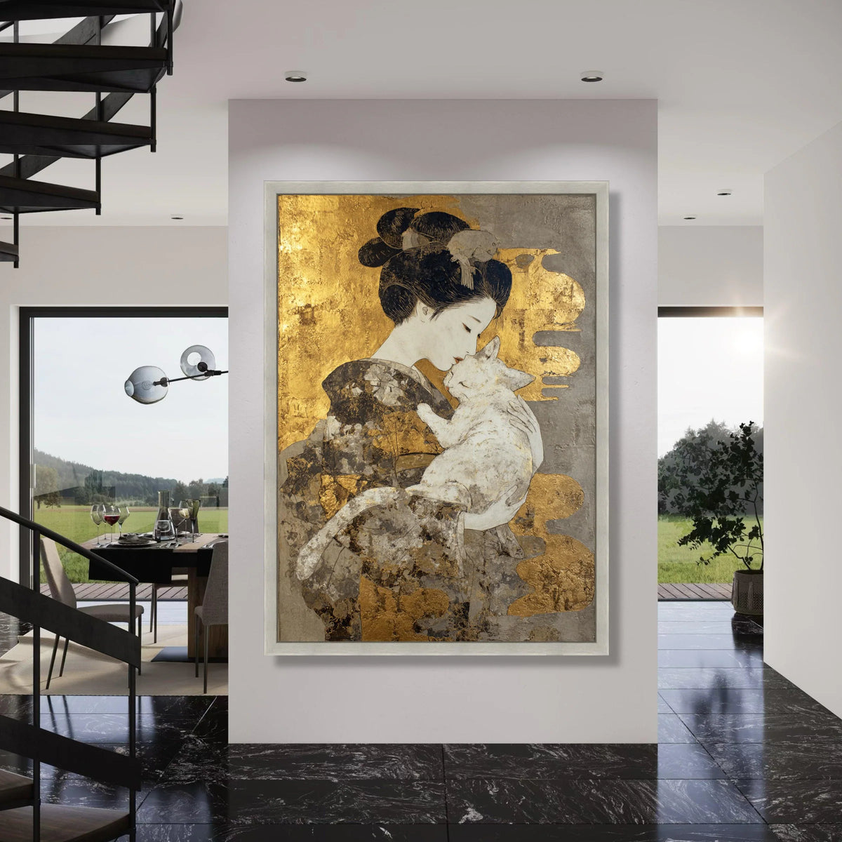 Elegant Geisha with Cat Canvas, Japanese Woman Holding Cat, Gold Leaf Accent Wall Art, Oriental Home Decor, Peaceful Animal Canvas Print Art