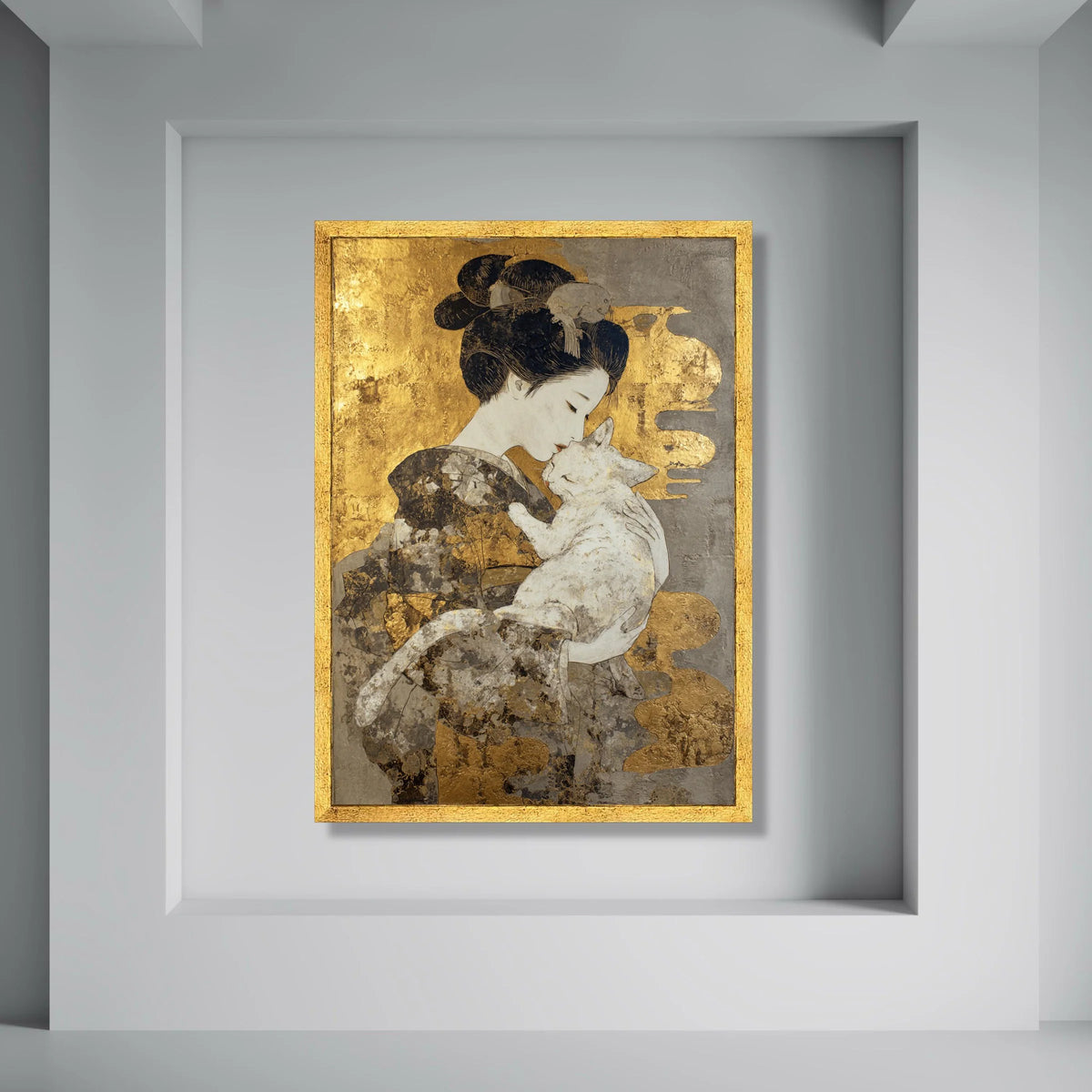 Elegant Geisha with Cat Canvas, Japanese Woman Holding Cat, Gold Leaf Accent Wall Art, Oriental Home Decor, Peaceful Animal Canvas Print Art