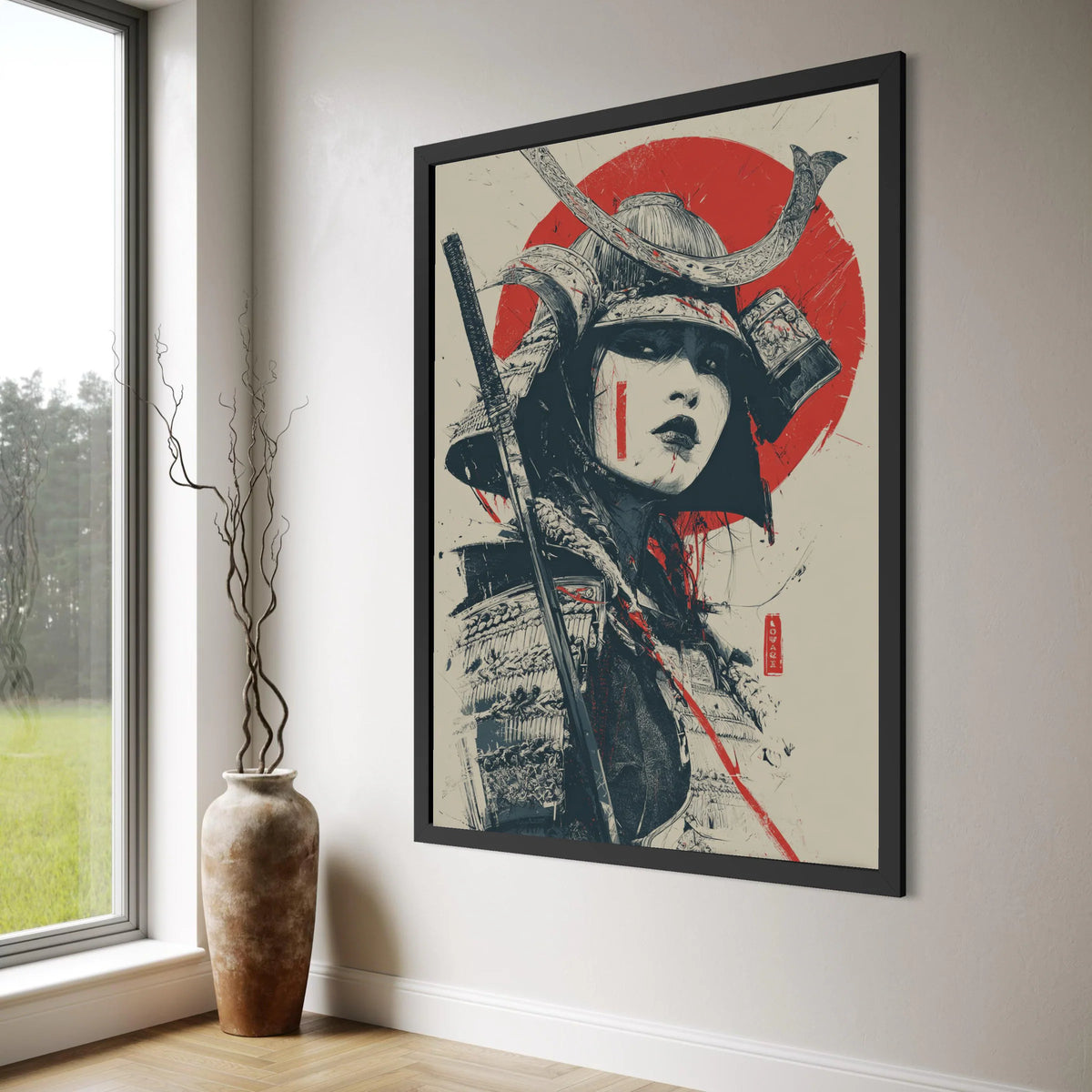 Fierce Female Samurai Portrait Canvas, Japanese Warrior Art, Red Sun Background, Asian Culture Canvas, Historical Wall Decoration Print Art