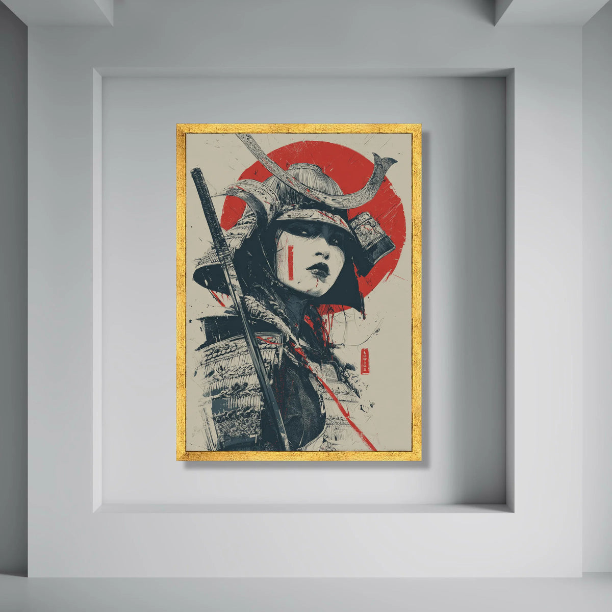 Fierce Female Samurai Portrait Canvas, Japanese Warrior Art, Red Sun Background, Asian Culture Canvas, Historical Wall Decoration Print Art