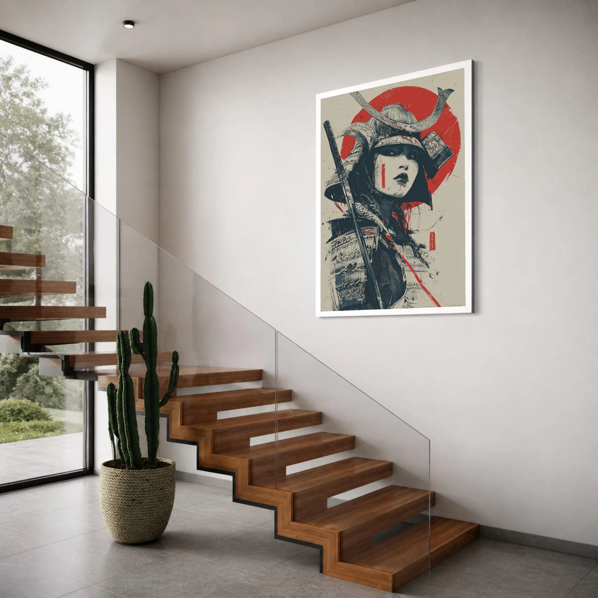 Fierce Female Samurai Portrait Canvas, Japanese Warrior Art, Red Sun Background, Asian Culture Canvas, Historical Wall Decoration Print Art
