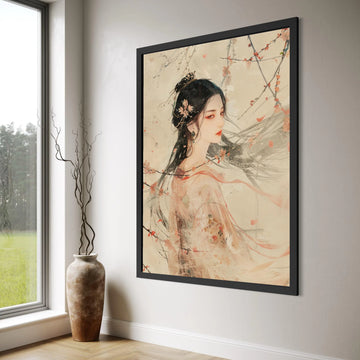 Elegant Asian Woman Portrait Canvas, Cherry Blossom Wall Art, Traditional Floral Kimono Decoration, Ethereal Female Figure Canvas, Print Art