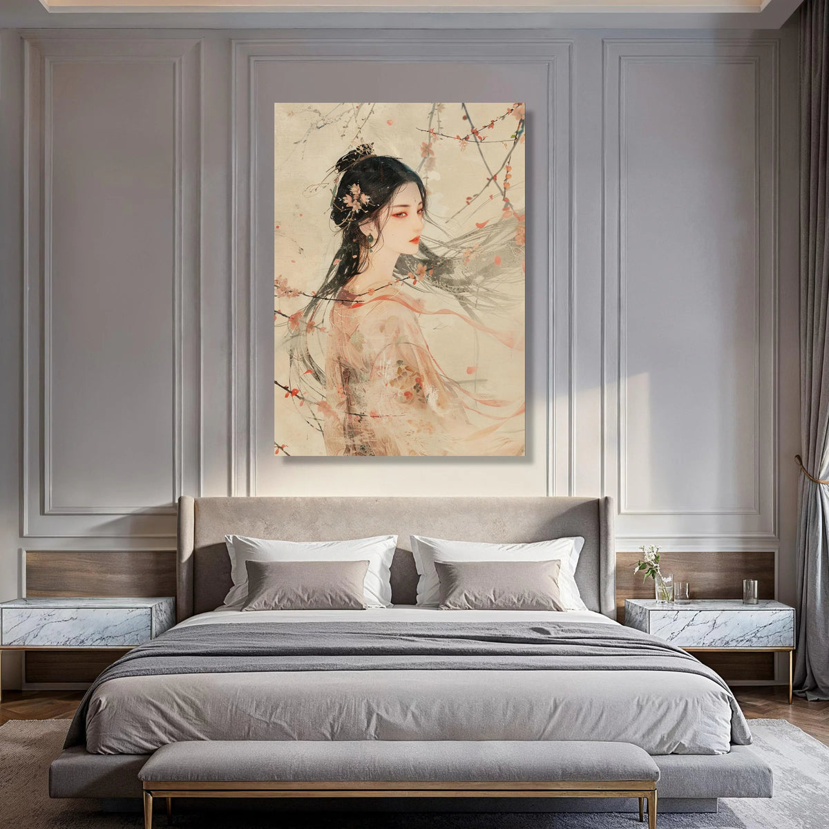 Elegant Asian Woman Portrait Canvas, Cherry Blossom Wall Art, Traditional Floral Kimono Decoration, Ethereal Female Figure Canvas, Print Art
