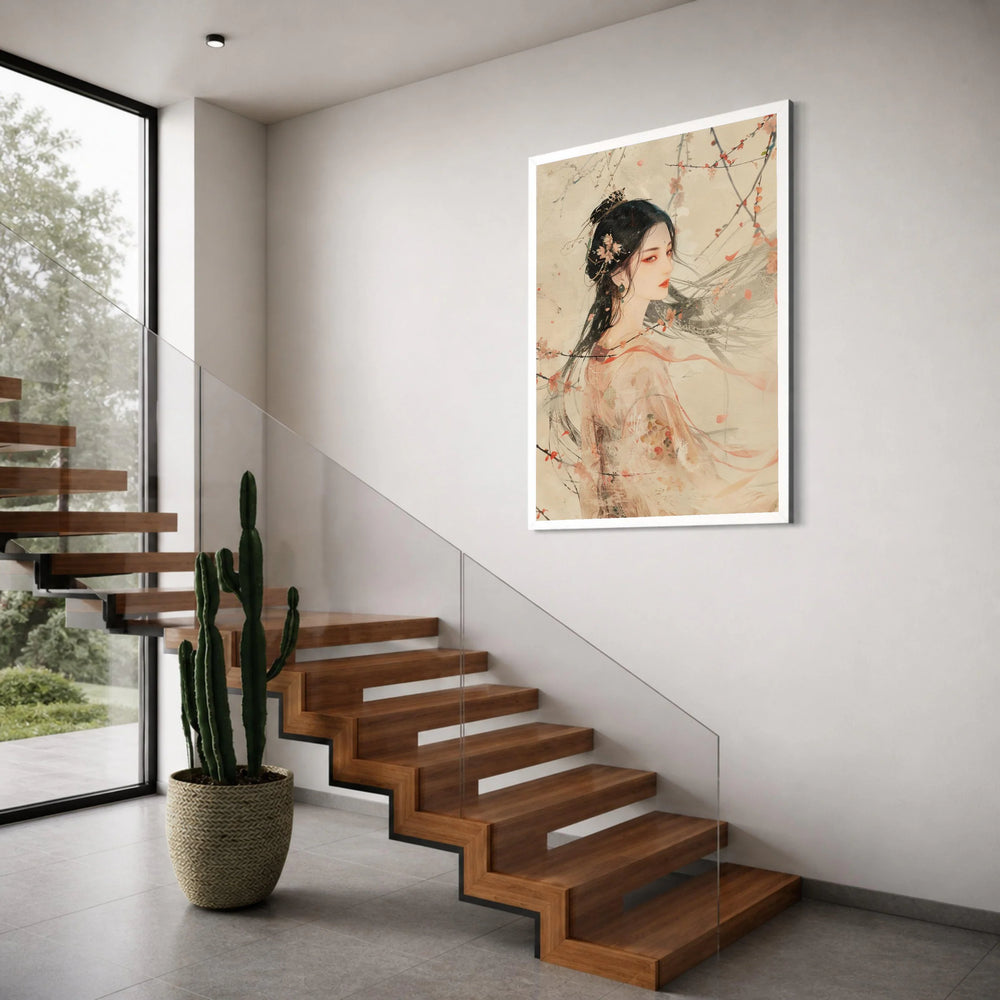 Elegant Asian Woman Portrait Canvas, Cherry Blossom Wall Art, Traditional Floral Kimono Decoration, Ethereal Female Figure Canvas, Print Art