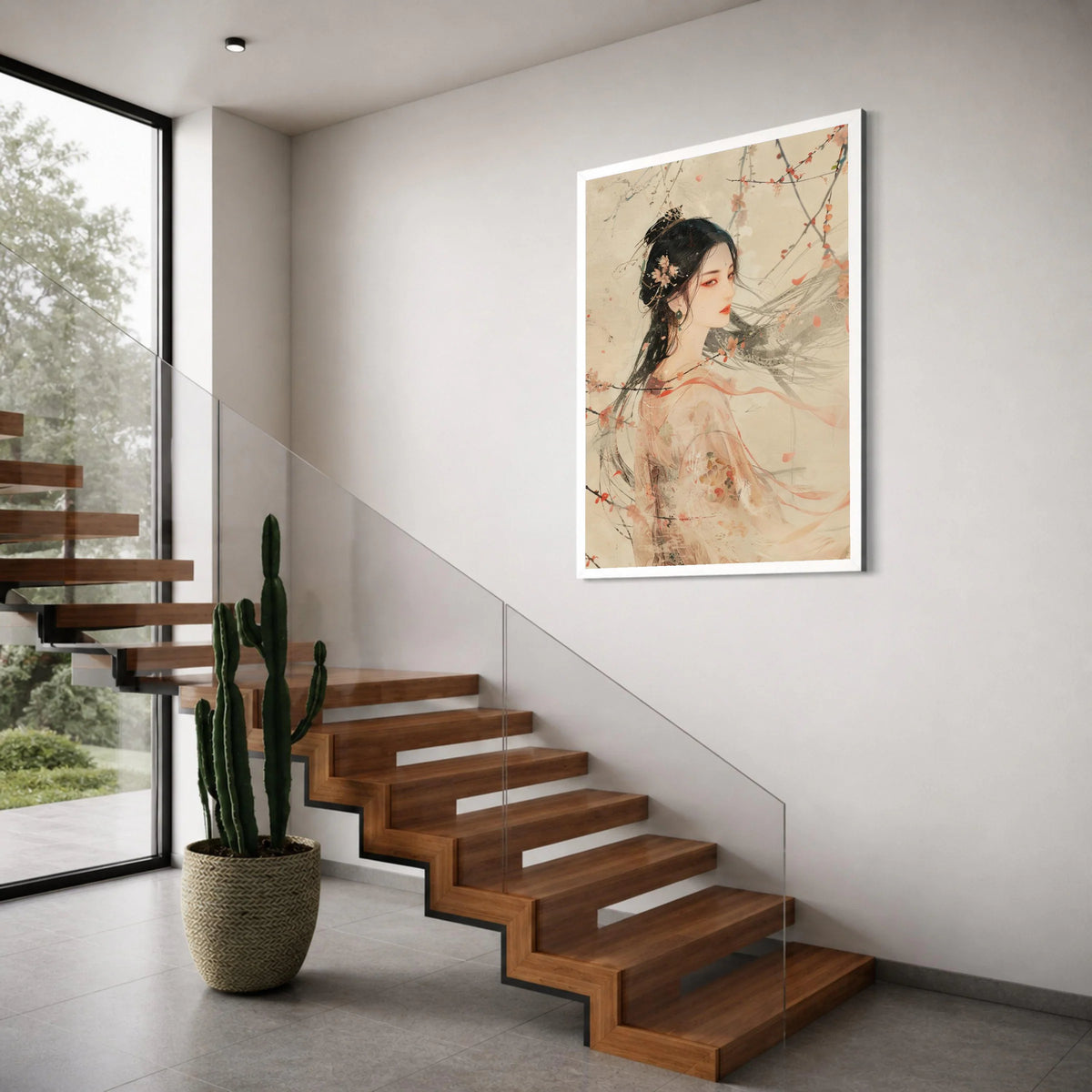 Elegant Asian Woman Portrait Canvas, Cherry Blossom Wall Art, Traditional Floral Kimono Decoration, Ethereal Female Figure Canvas, Print Art