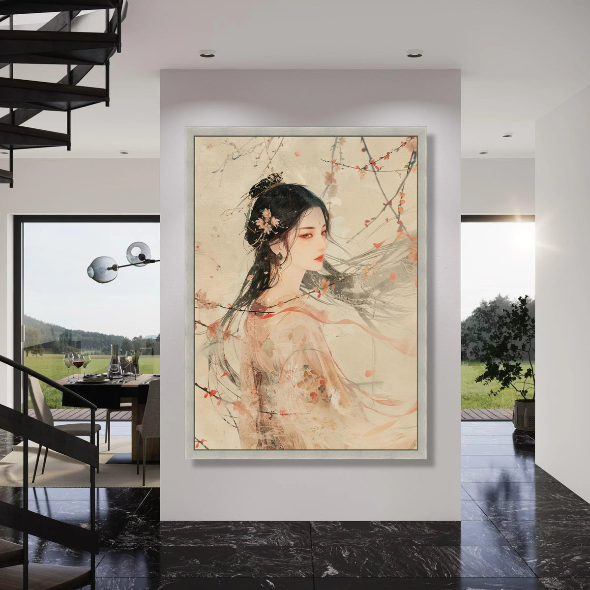 Elegant Asian Woman Portrait Canvas, Cherry Blossom Wall Art, Traditional Floral Kimono Decoration, Ethereal Female Figure Canvas, Print Art