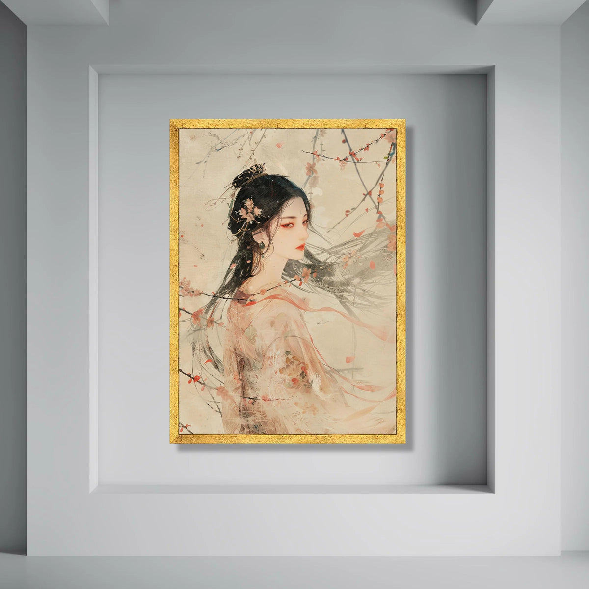 Elegant Asian Woman Portrait Canvas, Cherry Blossom Wall Art, Traditional Floral Kimono Decoration, Ethereal Female Figure Canvas, Print Art