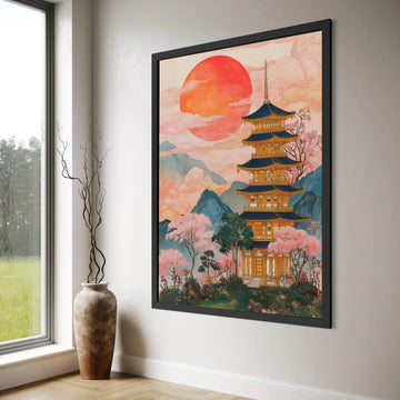 Serene Japanese Pagoda Canvas, Cherry Blossom Wall Art, Sunrise Landscape Canvas, Asian Architecture Decoration, Tranquil Nature Print Art
