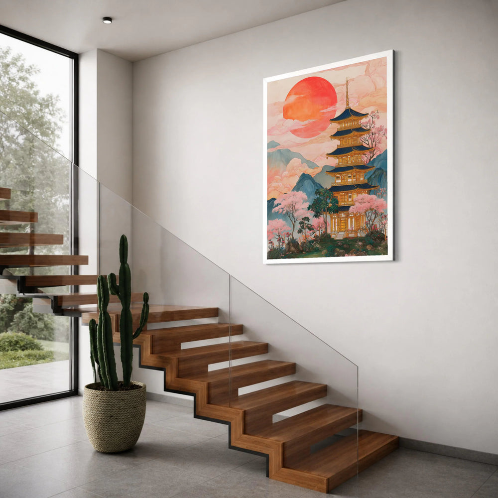 Serene Japanese Pagoda Canvas, Cherry Blossom Wall Art, Sunrise Landscape Canvas, Asian Architecture Decoration, Tranquil Nature Print Art