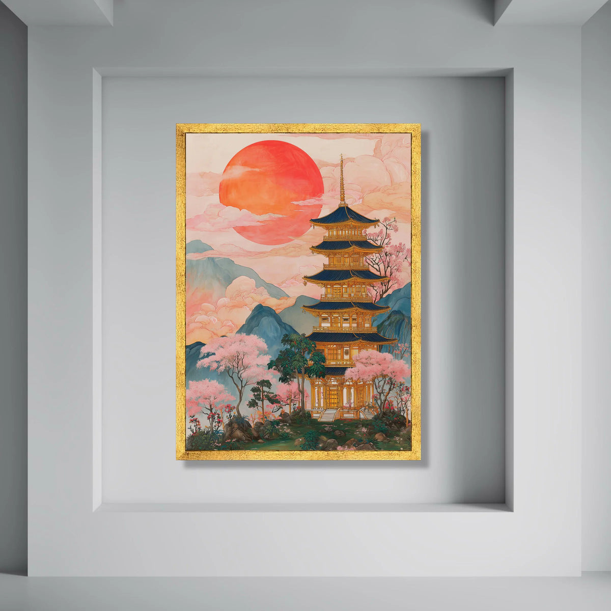 Serene Japanese Pagoda Canvas, Cherry Blossom Wall Art, Sunrise Landscape Canvas, Asian Architecture Decoration, Tranquil Nature Print Art