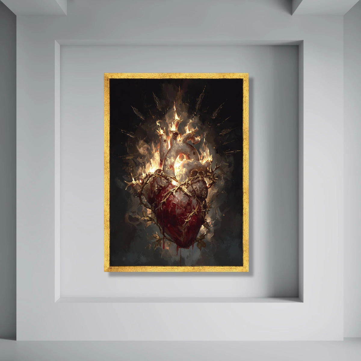 Fiery Anatomical Heart Canvas, Thorns and Flames Wall Art, Dark Gothic Home Decoration, Dramatic Heart Illustration Canvas Print Art