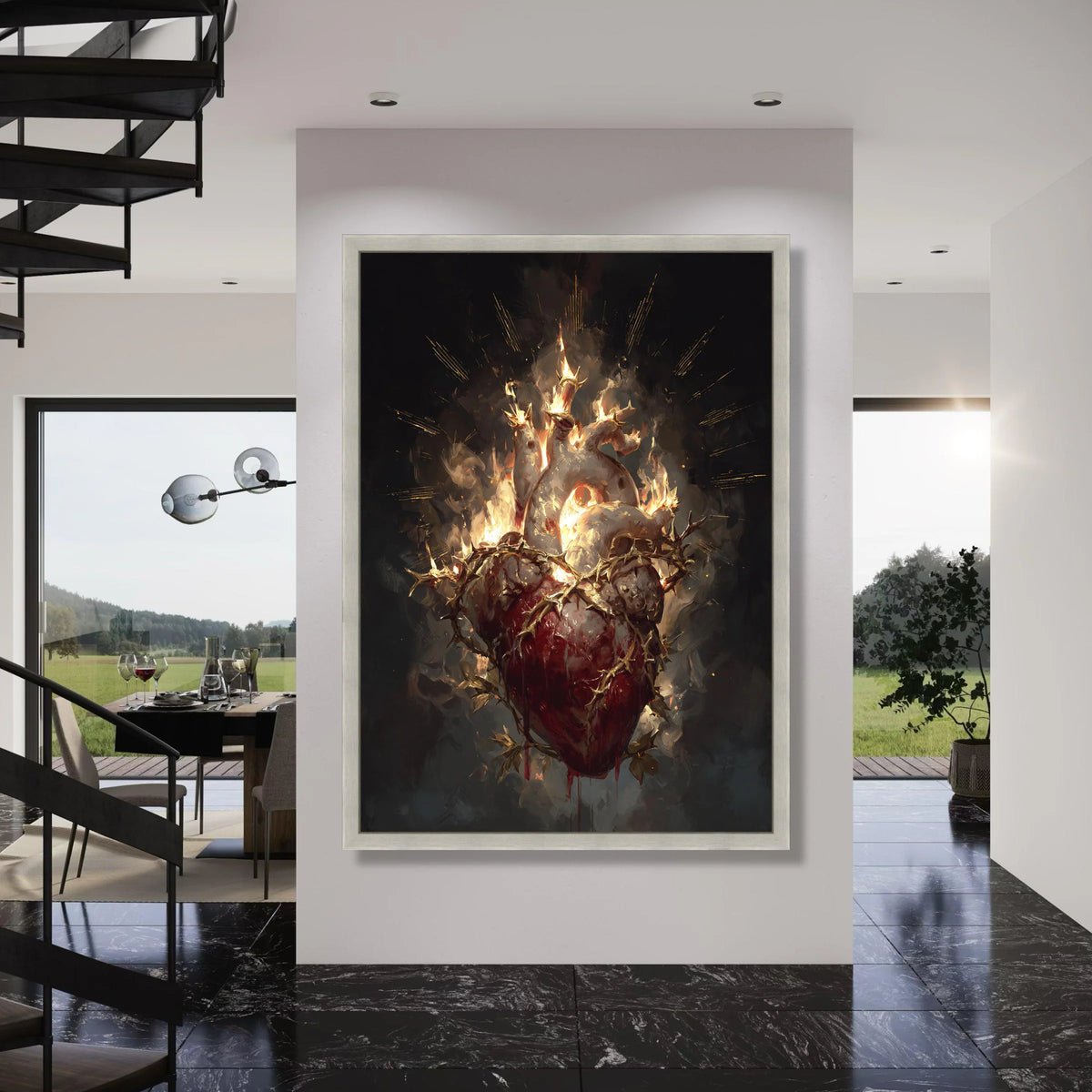 Fiery Anatomical Heart Canvas, Thorns and Flames Wall Art, Dark Gothic Home Decoration, Dramatic Heart Illustration Canvas Print Art
